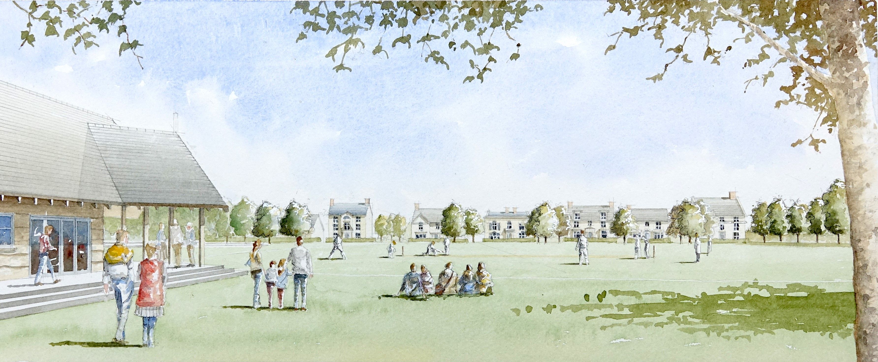 Illustrative impression of the cricket ground and pavilion in the proposed village neighbourhood