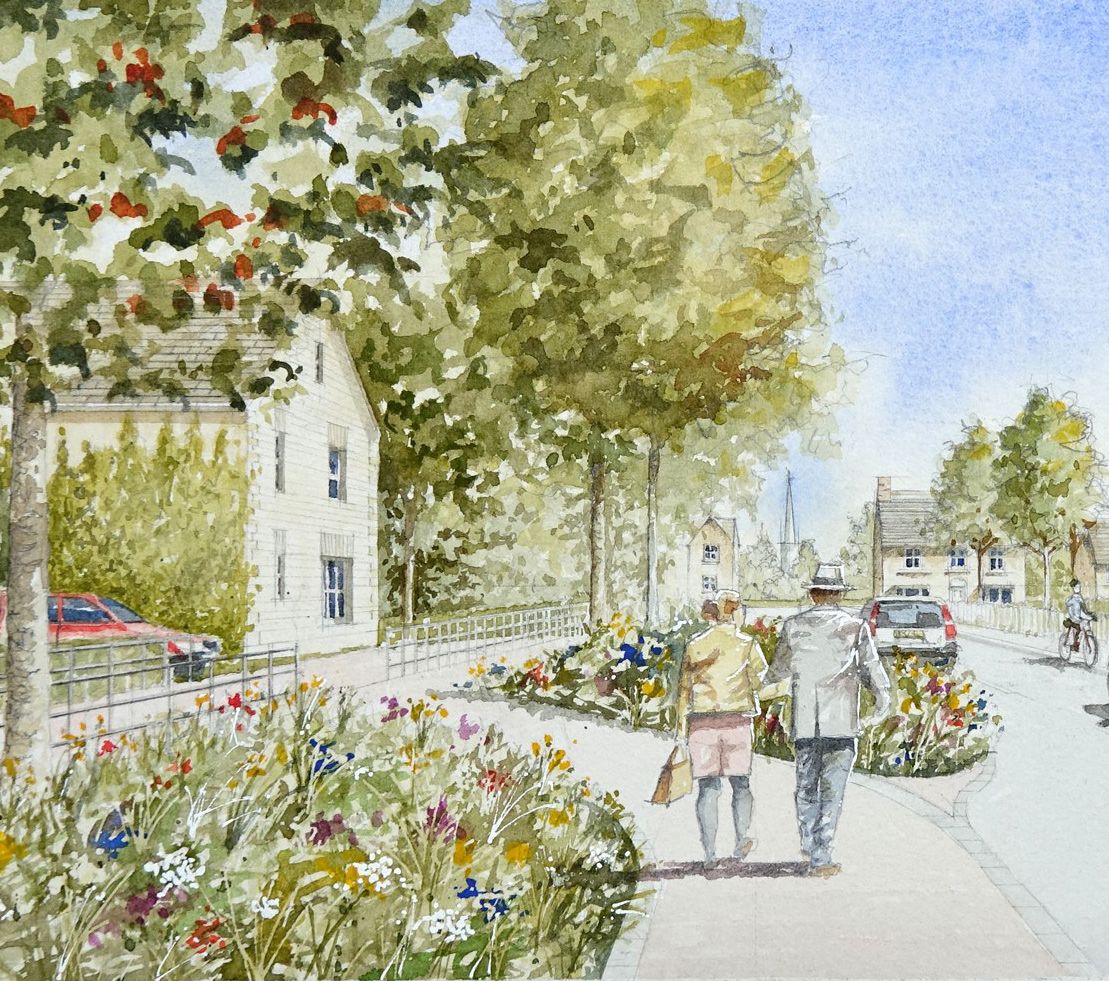 Illustrative impression of a street in the proposed village neighbourhood, with views of St. Mary's Church spire